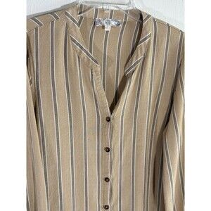 PinkRose Blouse Women Large V-Neck Tan w/ Black White Striped Button Long Sleeve